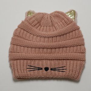 Blush Pink Cat Kitty Gold  Knit Beanie Hat Whisker